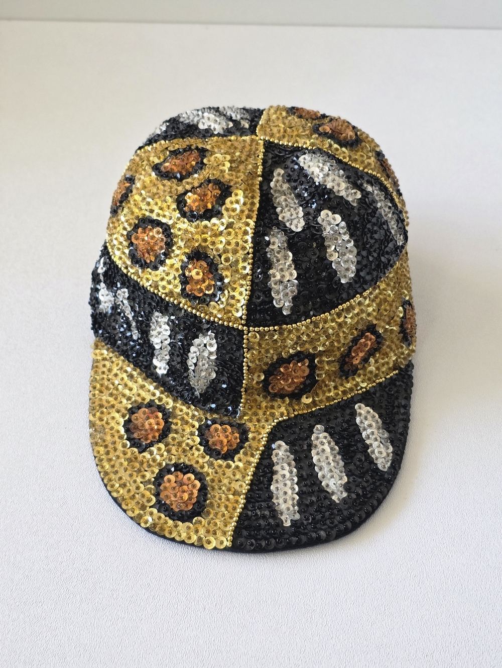Y2K Sequin Leopard Print Hat Gold Black Mob Wife McBling Glam Statement Cap Vtg - Picture 4 of 16